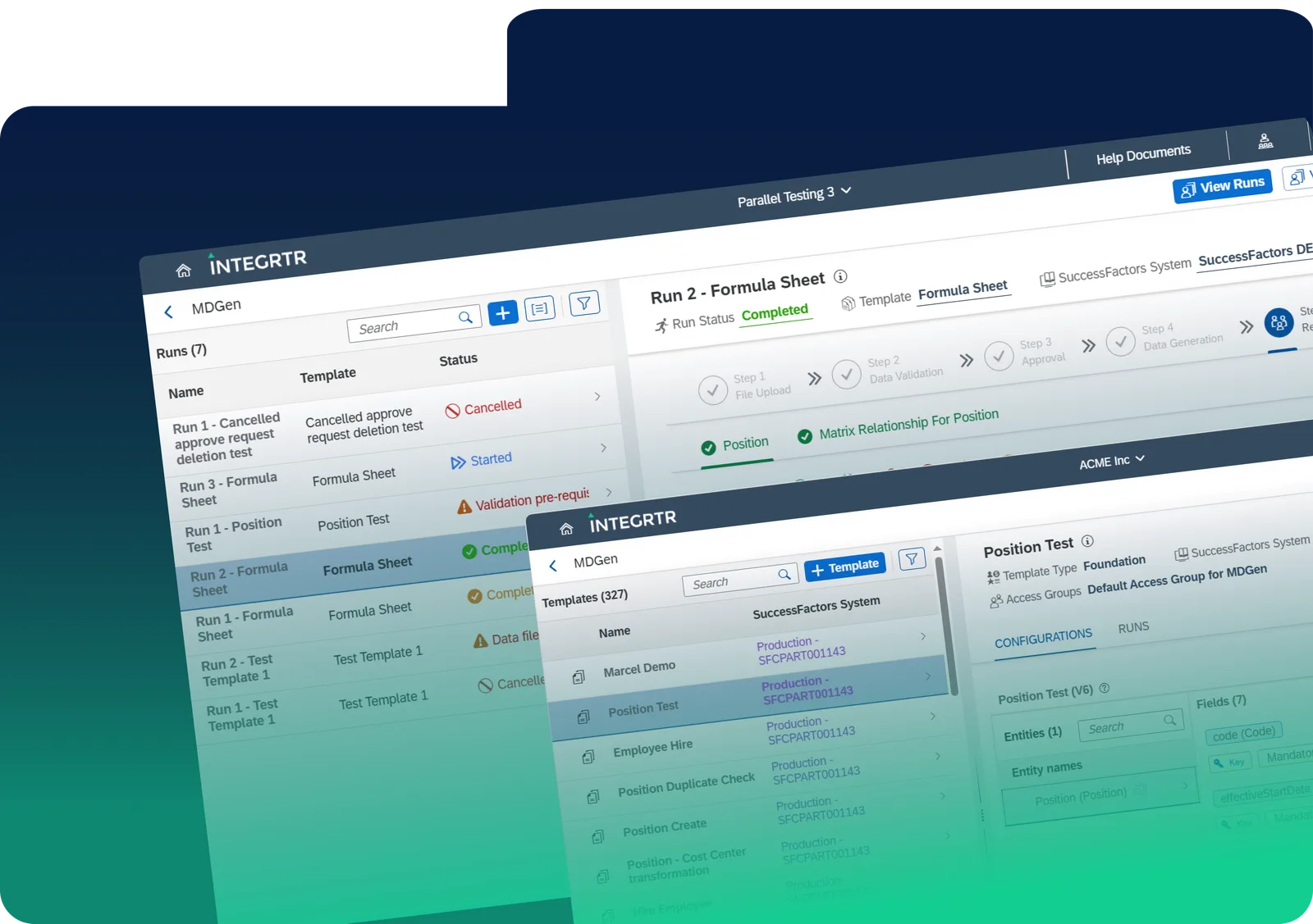 The MDGen workspace for mass data changes in SAP SuccessFactors, showing runs, templates, and status tracking