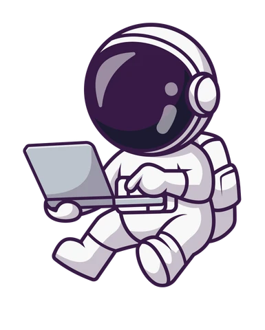 Astro, the INTEGRTR astronaut, working at a laptop